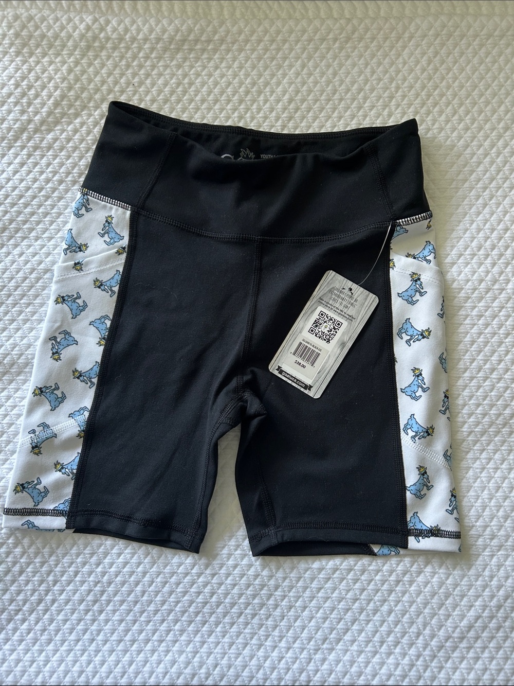 NWT GOAT USA Black Athletic Bike Shorts with Blue Goat print side panels. YL